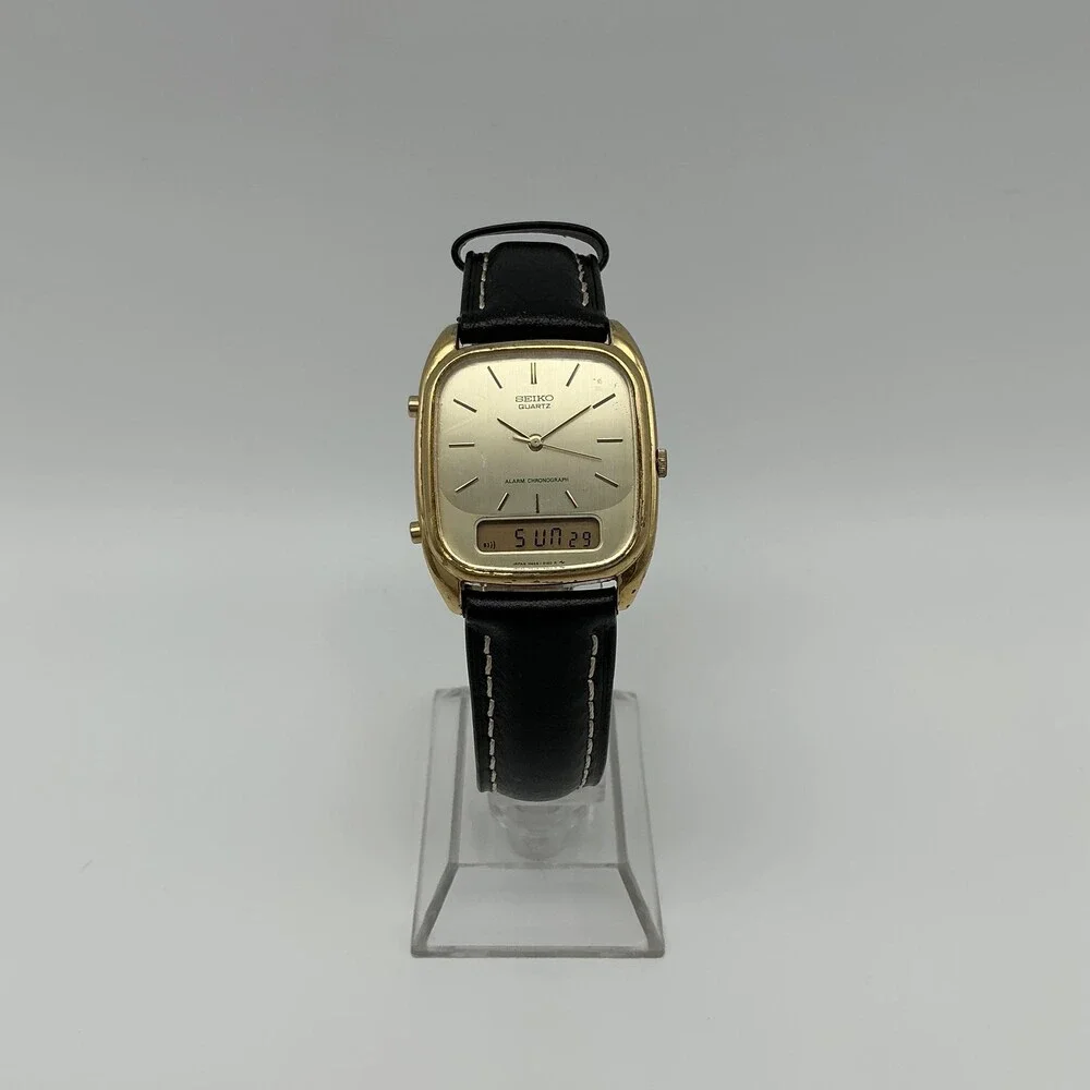 Vintage Seiko H449-5109 Mens Watch 28mm Alarm Chronograph Gold Tone New Battery
